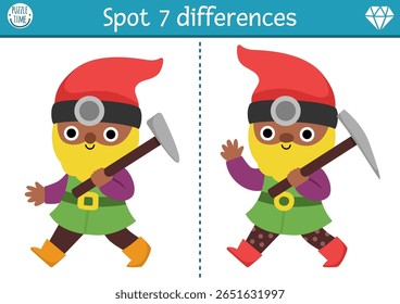 Find differences game for children. Dwarf educational activity with cute gnome miner with pickax. Magic forest puzzle for kid. Fairytale printable worksheet, page for attention with fantasy creature