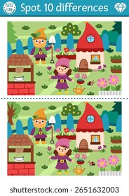 Encontre diferenças jogo para crianças. Atividade educativa anã com gnomos de jardim bonitos. Quebra-cabeça de floresta mágica para crianças. Planilha imprimível de conto de fadas, página para atenção com a cena da floresta
