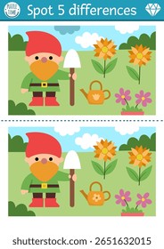 Encontre diferenças jogo para crianças. Atividade educativa anã com bonito jardim gnomo. Quebra-cabeça de floresta mágica para crianças. Planilha imprimível de conto de fadas, página para atenção com a cena da floresta
