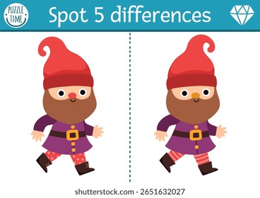 Find differences game for children. Dwarf educational activity with cute gnome in red hat. Magic forest puzzle for kids. Fairytale printable worksheet, page for logic, attention with fantasy creature
