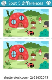 Encontre diferenças jogo para crianças. Atividade educativa anã com casa bonito em forma de morango, joaninha. Quebra-cabeça de floresta mágica para crianças. Planilha imprimível de conto de fadas, página com cena de floresta
