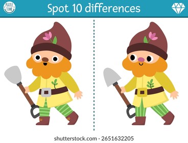 Find differences game for children. Dwarf educational activity with cute garden gnome. Magic forest puzzle for kids. Fairytale printable worksheet, page for logic, attention with fantasy creature
