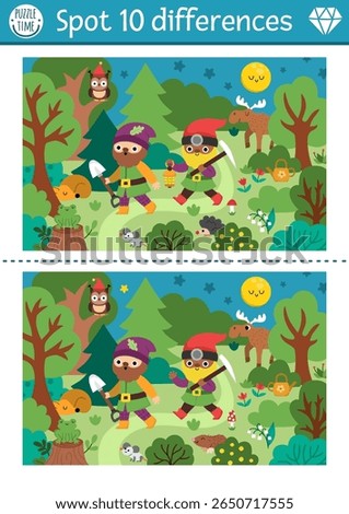 Find differences game for children. Dwarf educational activity with cute gnomes going in night forest. Magic forest puzzle for kids. Fairytale printable worksheet, page with woodland scene
