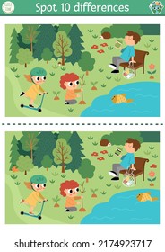 Find differences game for children. Ecological educational activity with cute nature forest scene, kids caring of environment. Earth day puzzle. Eco awareness printable worksheet
