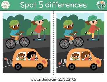 Find differences game for children. Ecological educational activity with cute alternative transport. Earth day puzzle for kids. Eco awareness printable worksheet with electro car, bike, scooter
