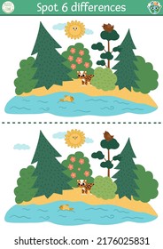 Find differences game for children. Ecological educational activity with cute nature forest scene, leopard. Earth day puzzle for kids. Eco awareness printable worksheet with endangered animal
