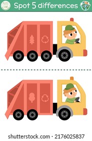 Find differences game for children  Ecological educational activity and cute rubbish truck  Earth day puzzle for kids  Eco awareness zero waste printable worksheet and waste car
