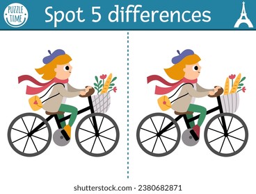 Find differences game for children. Educational activity with cute girl riding bike with baguette in basket. Puzzle for kids with funny French character. Printable worksheet or page with France symbol