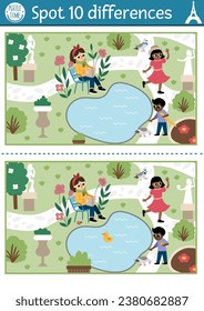 Find differences game for children. Educational activity with cute scene in park. Puzzle for kids with funny French people, animals. Printable worksheet or page with France symbol
