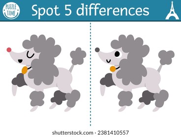 Find differences game for children. Educational activity with cute bulldog in stripy shirt. Puzzle for kids with funny French animal character, dog. Printable worksheet or page with France symbol
