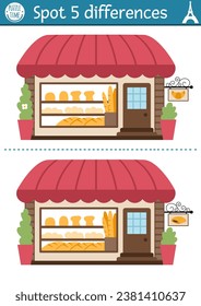 Encuentra juegos de diferencias para niños. Actividad educativa con panadería, croissant, baguette. Rompecabezas para los niños con una divertida tienda de pan francés. Hoja de cálculo o página impresa con el símbolo de Francia
