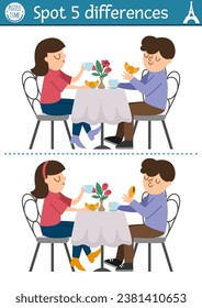 Encuentra juegos de diferencias para niños. Actividad educativa con un par lindo tomando té con croissants. Rompecabezas para los niños con graciosos personajes franceses. Hoja de cálculo o página impresa con el símbolo de Francia
