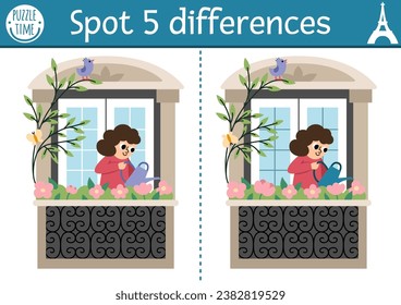 Find differences game for children. Educational activity with cute girl watering flowers on the balcony. Puzzle for kids with funny French character. Printable worksheet or page with France symbol
