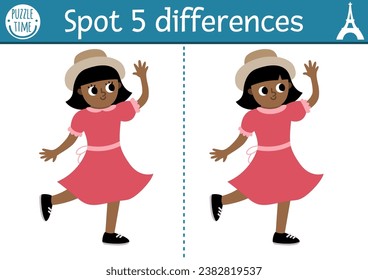 Find differences game for children. Educational activity with cute girl dancing in beautiful dress. Puzzle for kids with funny French character. Printable worksheet or page with France symbol
