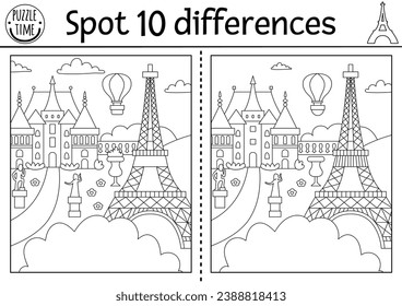 Find differences game for children. Educational black and white activity with cute scene in park, castle, Eiffel Tower. Puzzle for kids with French scenery. Printable worksheet or coloring page
