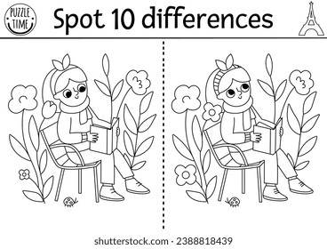 Find differences game for children. Educational black and white activity with cute girl reading a book in garden among flowers. Puzzle for kids. Printable worksheet, coloring page with France symbol
