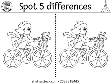 Find differences game for children. Educational black and white activity with cute girl riding bike with baguette. Puzzle for kids with French character. Printable worksheet, coloring page
