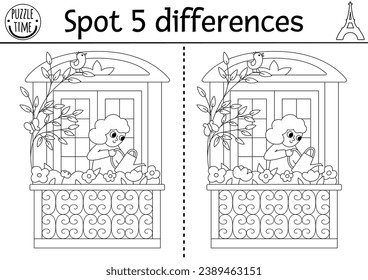 Find differences game for children. Educational black and white activity with cute girl watering flowers on the balcony. Puzzle for kids with French character. Printable worksheet or coloring page
