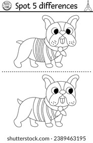 Find differences game for children. Educational black and white activity with cute poodle. Puzzle for kids with funny French dog. Printable worksheet or coloring page with France symbol
