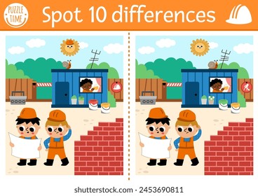 Find differences game for children. Educational activity with boy engineers and construction site scene. Cute puzzle for kid with funny worker. Printable worksheet or page for logic, attention skill