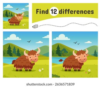 Find differences game. Children educational and development play with funny yak on green meadow. Cartoon nature landscape, nowaday vector template