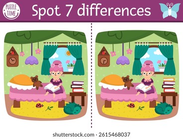 Find differences game for children. Fairyland educational activity. Landscape with flower fairy reading in cozy bedroom in tree house. Magic forest puzzle for kids. Fairytale printable worksheet

