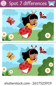 Find differences game for children. Fairyland educational activity with landscape with fairy bug on meadow. Magic forest puzzle for kids. Fairytale printable worksheet, page with fantasy girl