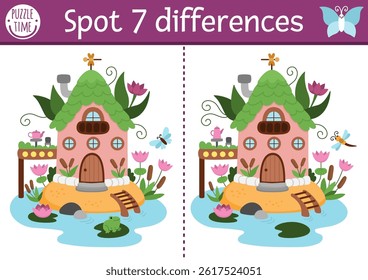 Find differences game for children. Fairyland educational activity with cute swamp fairy house. Magic forest puzzle for kids. Fairytale printable worksheet, page for attention with fantasy home
