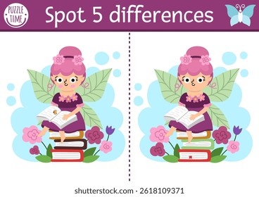 Find differences game for children. Fairyland educational activity with flower fairy reading sitting on a book pile. Magic forest puzzle for kids. Fairytale printable worksheet, page with fantasy girl