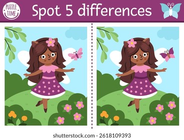 Find differences game for children. Fairyland educational activity with cute fairy on meadow. Magic forest puzzle for kids. Fairytale printable worksheet, page for logic, attention with fantasy girl