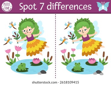 Find differences game for children. Fairyland educational activity with cute swamp fairy. Magic forest puzzle for kids. Fairytale printable worksheet, page for logic, attention with fantasy girl
