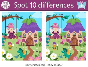 Find differences game for children. Fairyland educational activity with landscape with flower fairy and house. Magic forest puzzle for kids. Fairytale printable worksheet, page with fantasy girl
