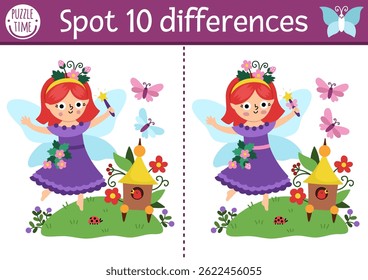Find differences game for children. Fairyland educational activity with cute berry fairy on a meadow. Magic forest puzzle for kids. Fairytale printable worksheet, page with fantasy girl
