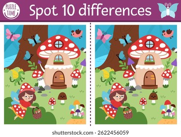 Find differences game for children. Fairyland educational activity with landscape with mushroom fairy and house. Magic forest puzzle for kids. Fairytale printable worksheet, page with fantasy girl
