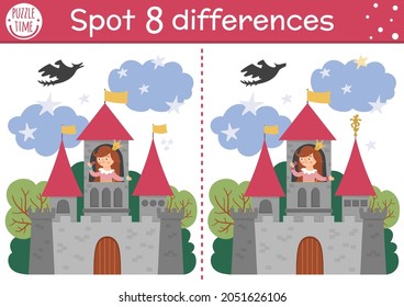 Find differences game for children. Fairytale educational activity with cute princess in the castle. Magic kingdom puzzle for kids with fantasy character. Fairy tale printable worksheet or page
