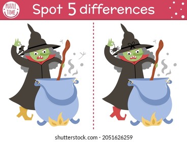 Find differences game for children. Fairytale educational activity with cute witch and cauldron. Magic kingdom puzzle for kids with fantasy character. Fairy tale printable worksheet or page
