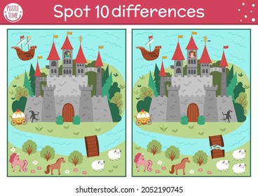 Find differences game for children. Fairytale educational activity with cute castle, princess, frog prince. Magic kingdom puzzle for kids with fantasy character. Fairy tale printable worksheet or page