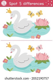 Find differences game for children. Fairytale educational activity with cute swan princess. Magic kingdom puzzle for kids with fantasy character. Fairy tale printable worksheet or page