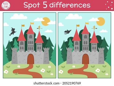 Find differences game for children. Fairytale educational activity with cute castle on a hill. Magic kingdom puzzle for kids with fantasy character. Fairy tale printable worksheet or page
