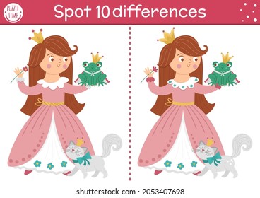 Find differences game for children. Fairytale educational activity with cute princess and frog prince. Magic kingdom puzzle for kids with fantasy character. Fairy tale printable worksheet or page
