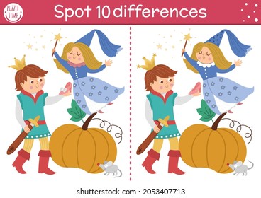 Find differences game for children. Fairytale educational activity with cute prince, shoe, pumpkin. Magic kingdom puzzle for kids with fantasy character. Fairy tale printable worksheet