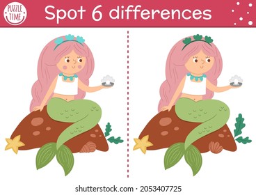 Find differences game for children. Fairytale educational activity with cute mermaid and pearl. Magic kingdom puzzle for kids with fantasy character. Fairy tale printable worksheet or page
