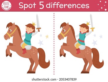 Find differences game for children. Fairytale educational activity with cute prince on a horse. Magic kingdom puzzle for kids with fantasy character. Fairy tale printable worksheet or page
