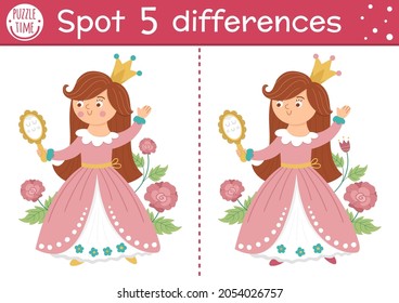 Find differences game for children. Fairytale educational activity with cute princess and mirror. Magic kingdom puzzle for kids with fantasy character. Fairy tale printable worksheet or page
