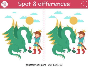 Find differences game for children. Fairytale educational activity with cute prince and dragon. Magic kingdom puzzle for kids with fantasy character. Fairy tale printable worksheet or page
