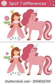 Find differences game for children. Fairytale educational activity with cute princess and unicorn. Magic kingdom puzzle for kids with fantasy character. Fairy tale printable worksheet or page
