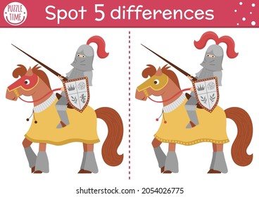 Find differences game for children. Fairytale educational activity with cute knight on a horse. Magic kingdom puzzle for kids with fantasy character. Fairy tale printable worksheet or page
