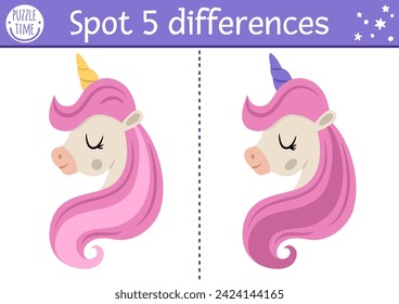 Find differences game for children. Fairytale educational activity with unicorn head, pink mane. Cute puzzle for kids with funny fantasy character. Printable worksheet, page for attention skills
