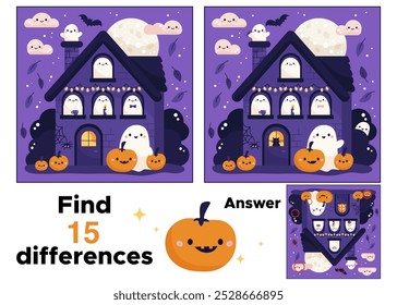 Find differences game for children. Halloween puzzle for kids. Haunted house with cute ghosts, spider and pumpkins. Activity page. Kawaii cartoon characters. Printable worksheet. Vector illustration.