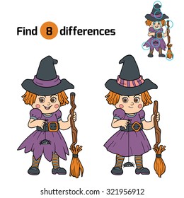 Find differences, game for children: Halloween characters (witch)